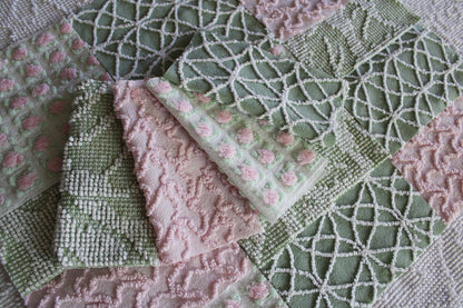 rosy romance chenille fabric squares, set of 16 vintage quilt blocks 6" inches ea, squiggle, hobnail, rosebud texture in jade & pink rose