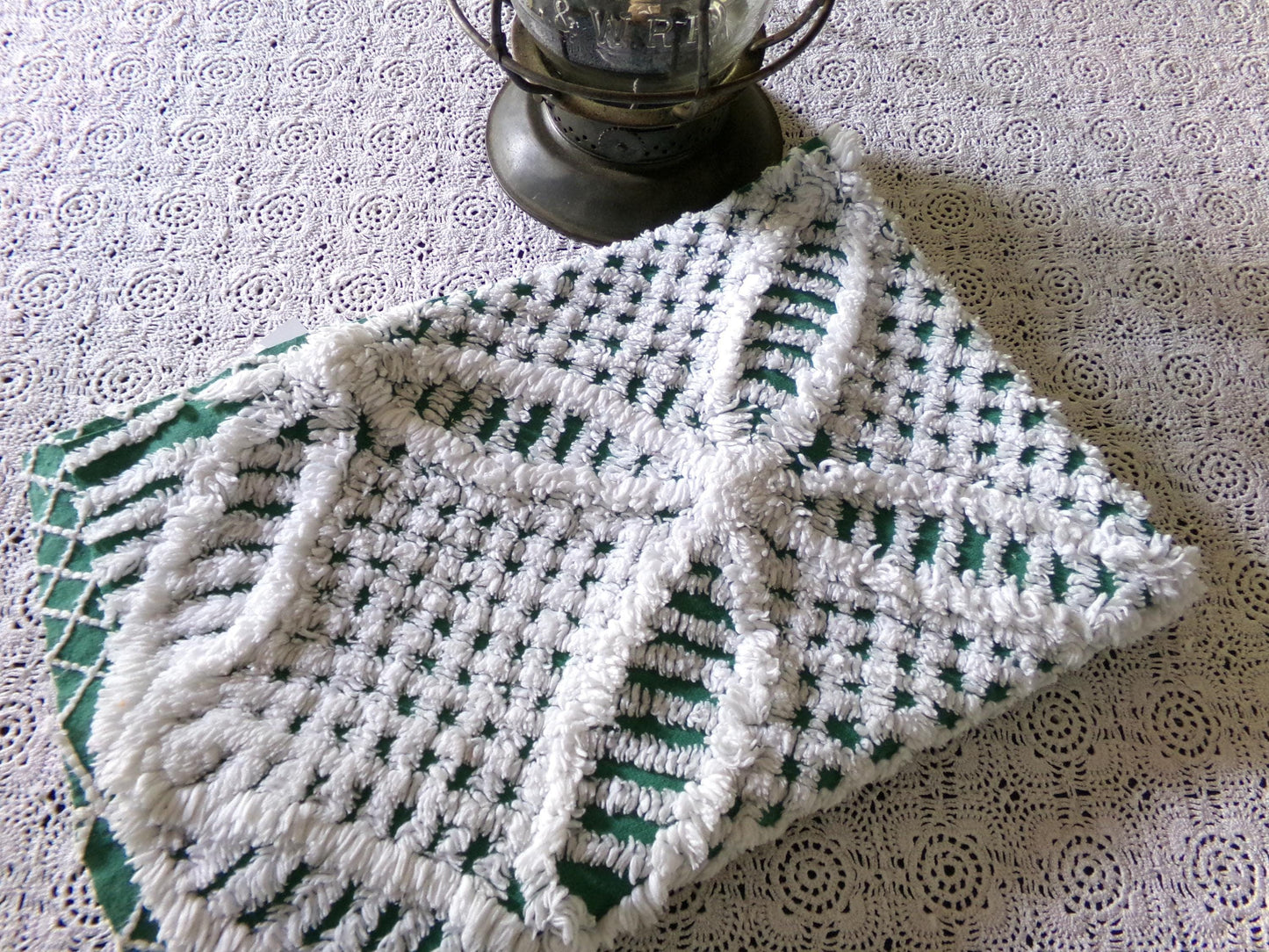 green & white vintage chenille bedspread fabric, 18" x 26" geometric design