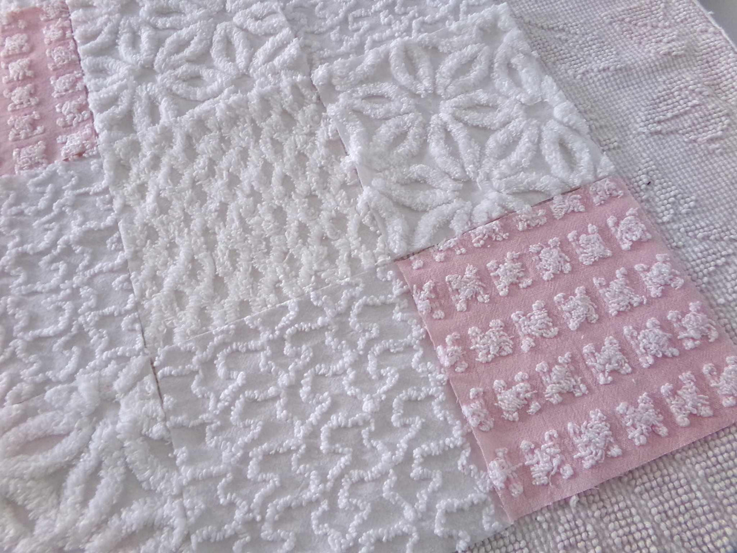 angelic vintage chenille fabric squares, set of 16 quilt blocks 6" each pink & white