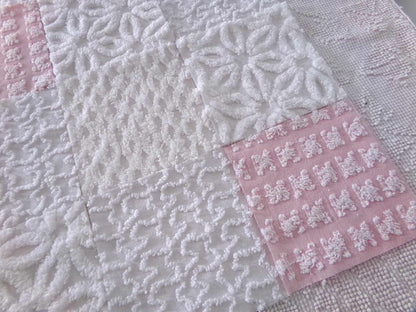 angelic vintage chenille fabric squares, set of 16 quilt blocks 6" each pink & white