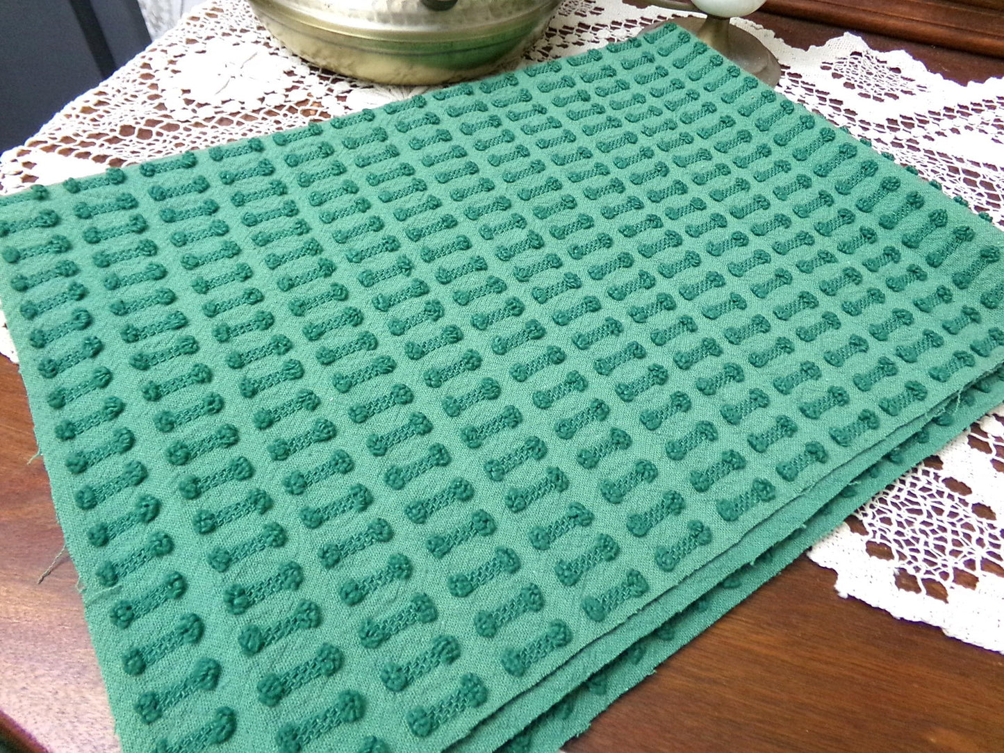 Vintage Green Chenille Fabric Textured Evergreen Cotton Quilting Crafts Upcycle Boho 18" x 24"