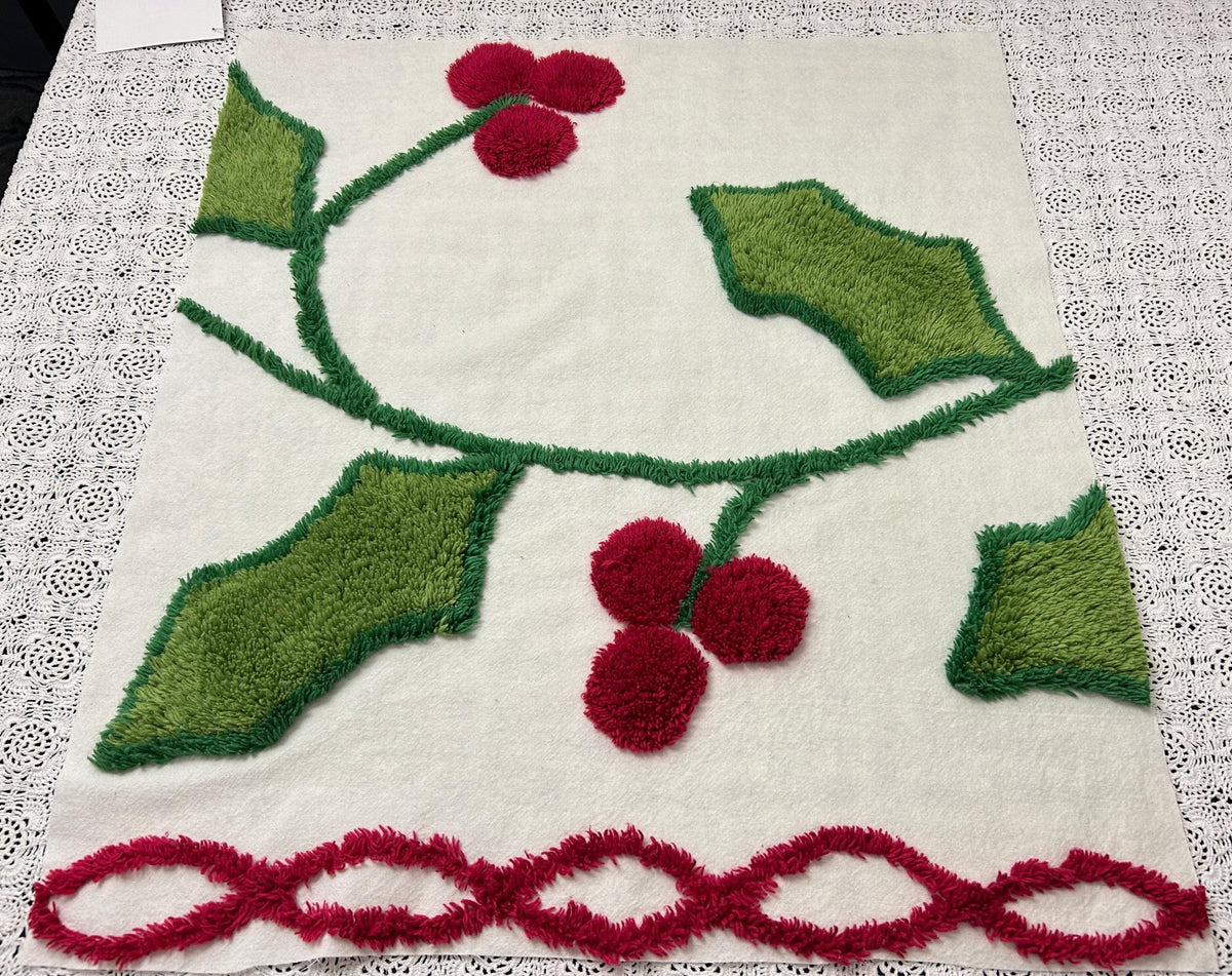 Holiday Vintage Chenille Fabric, Winter Holly Berry 22x20" Craft Piece
