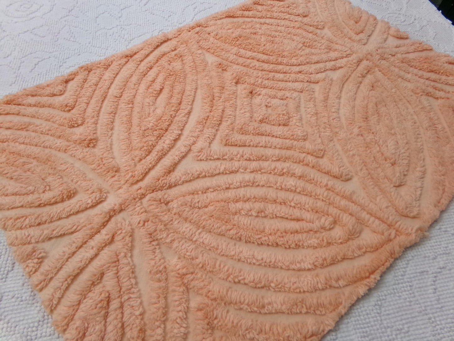 Peach Plush Vintage Chenille Fabric, tufted wedding ring design, sewing craft quilt material, 18" x 25" piece