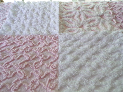 lovely pink & white vintage chenille fabric squares, set of 16 pretty 6" quilt blocks for sewing, crafts, patchwork pillows, quilting
