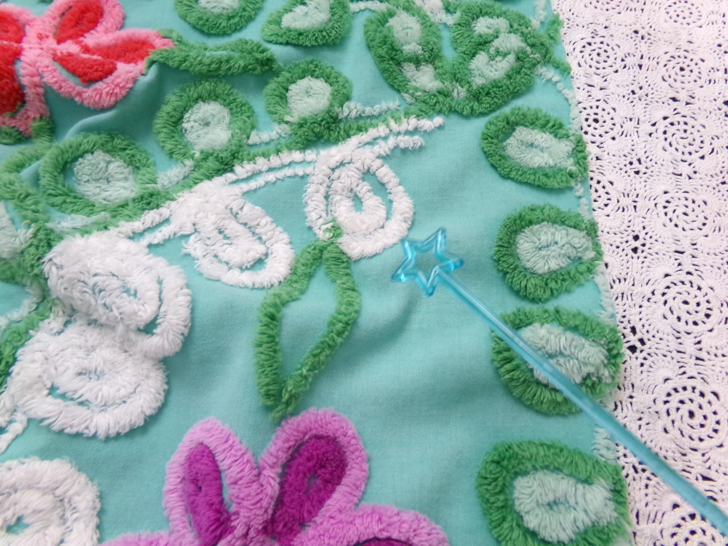 Vintage Green Chenille Fabric, Floral Swirl Design, 20x25" Piece