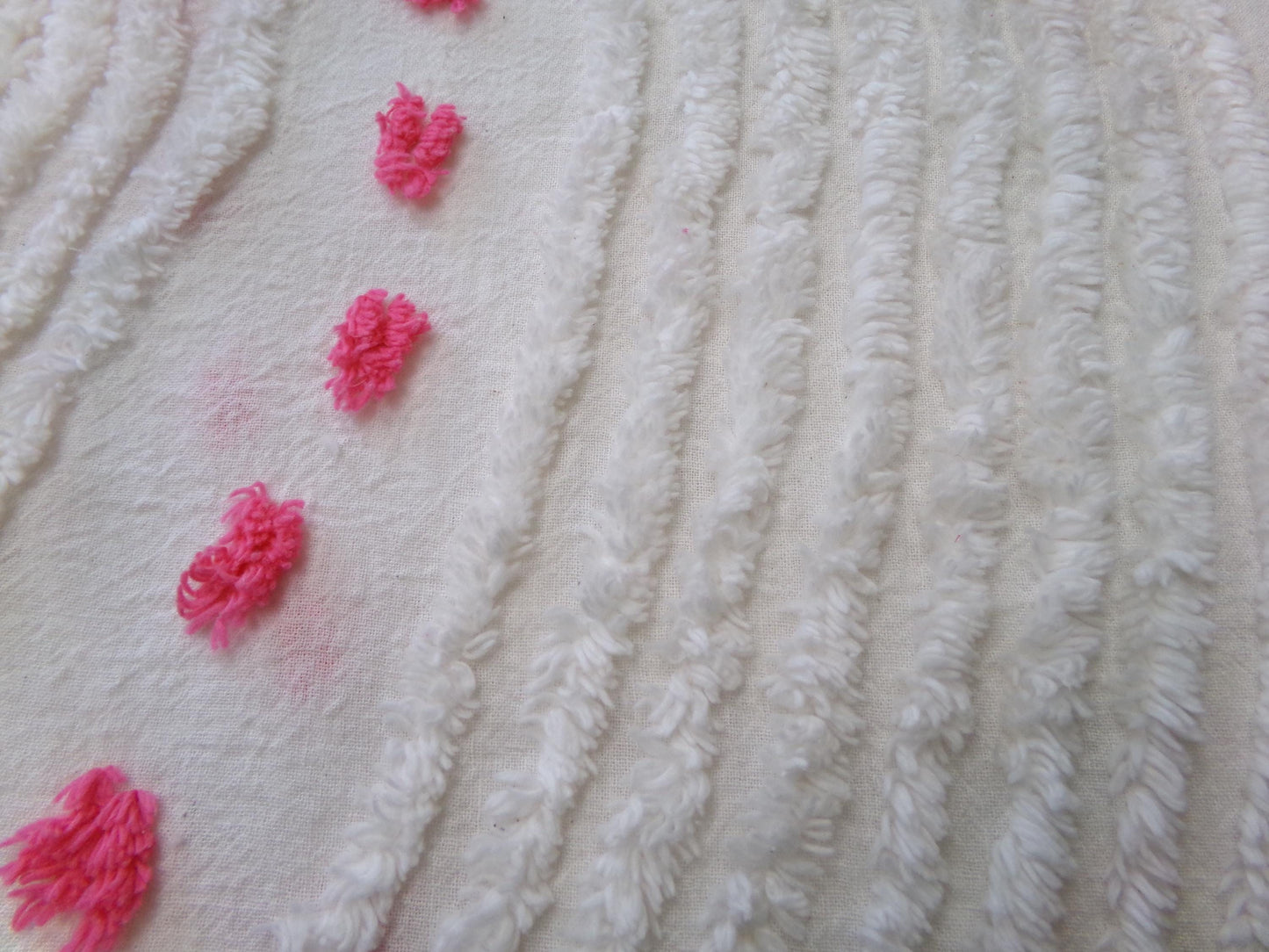 zany white & hot pink vintage chenille fabric: interesting piece of sewing material, 15" x 28" lightweight cotton blend piece