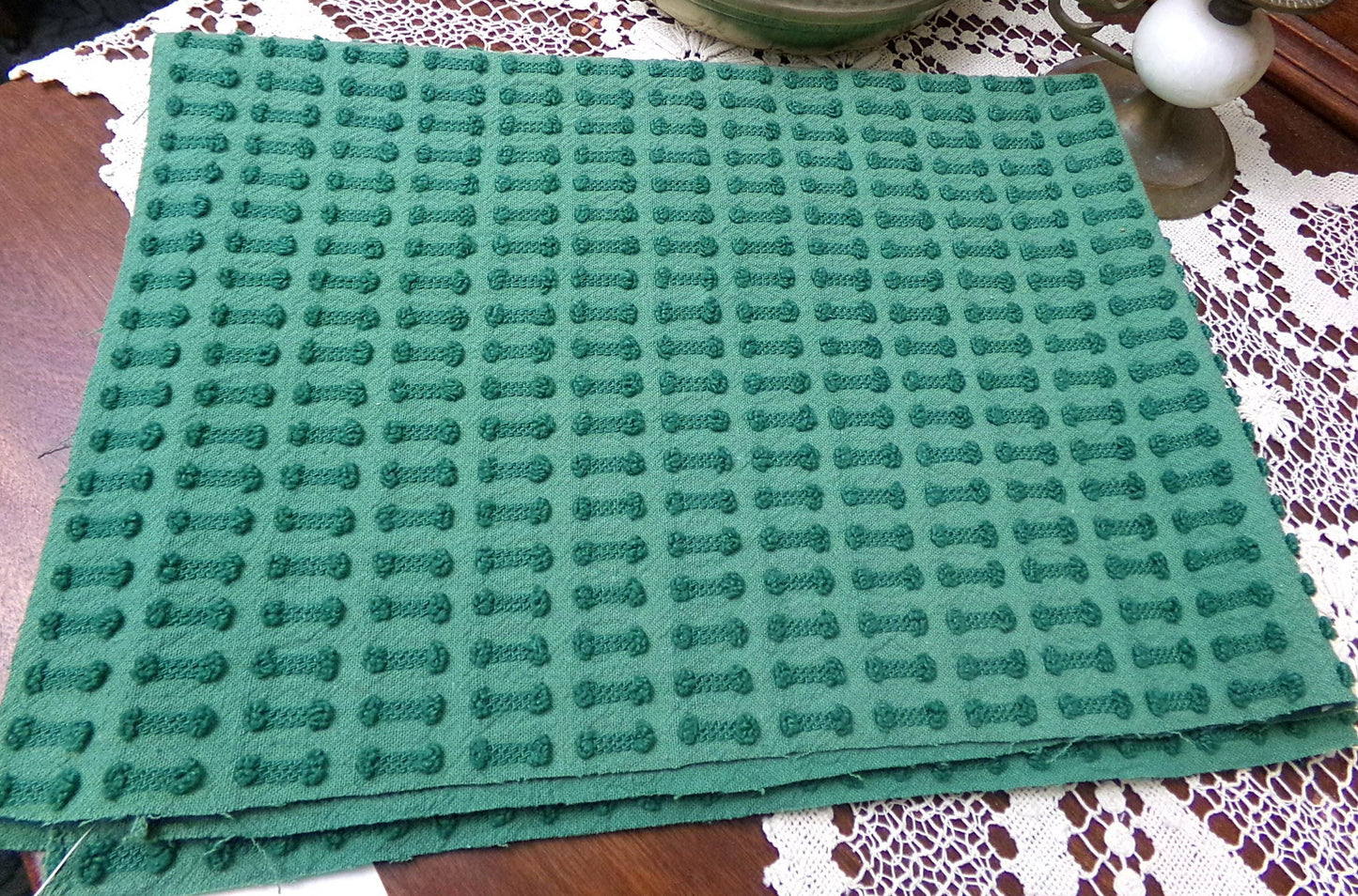 Vintage Green Chenille Fabric Textured Evergreen Cotton Quilting Crafts Upcycle Boho 18" x 24"