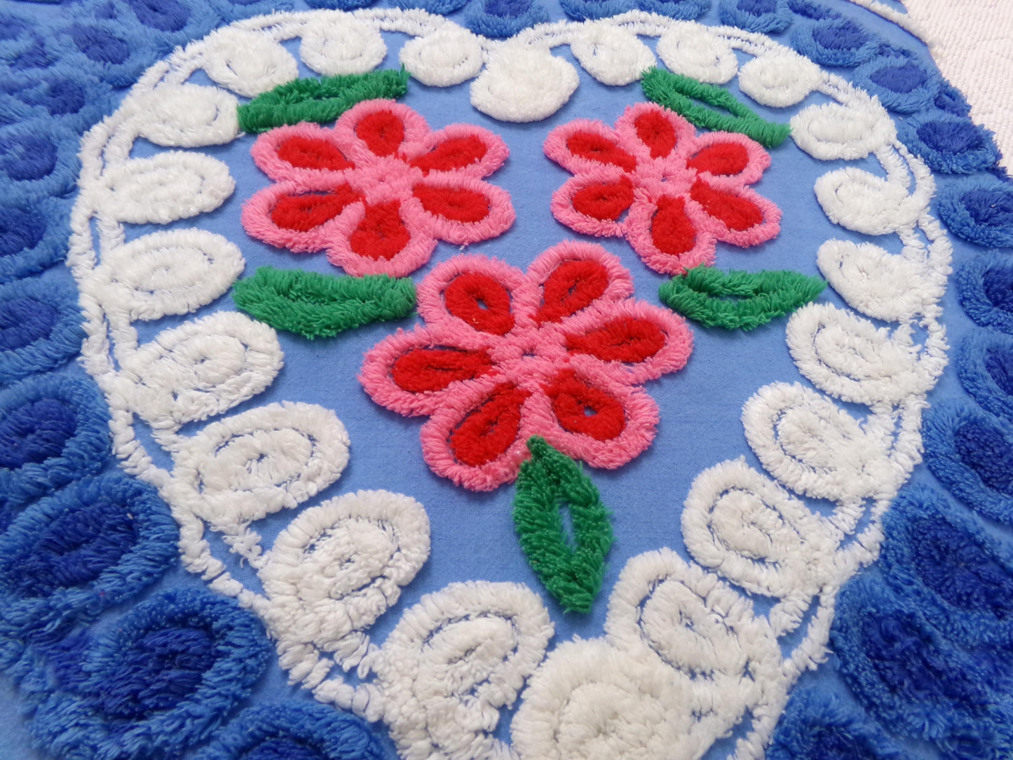 American Spirit Vintage Chenille Fabric Blue Floral Heart Scroll 19x24"
