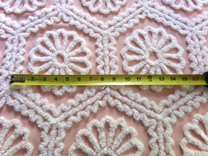 shabby ruffle daisy vintage chenille fabric, white geometric floral on peach 26" x 19" inch piece of cotton quilt & sewing material