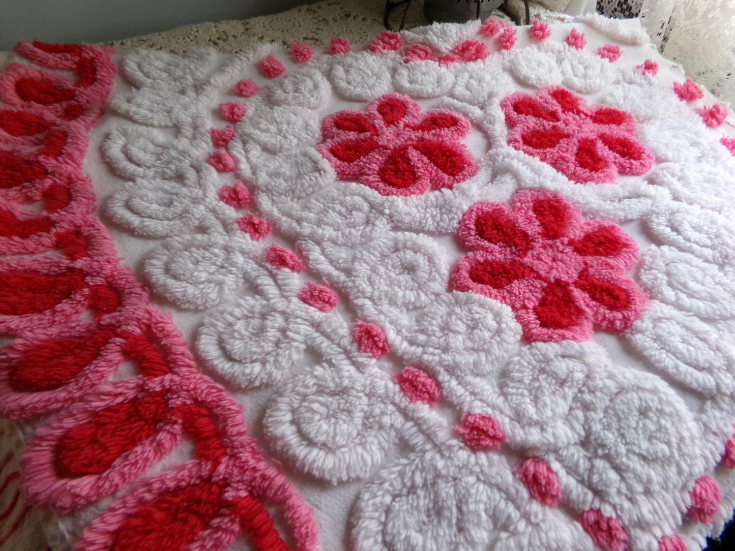 romantic hearts vintage chenille fabric, sweetest plush rose pink flowers, 21" x 26" inch rounded piece cotton sewing material for crafting