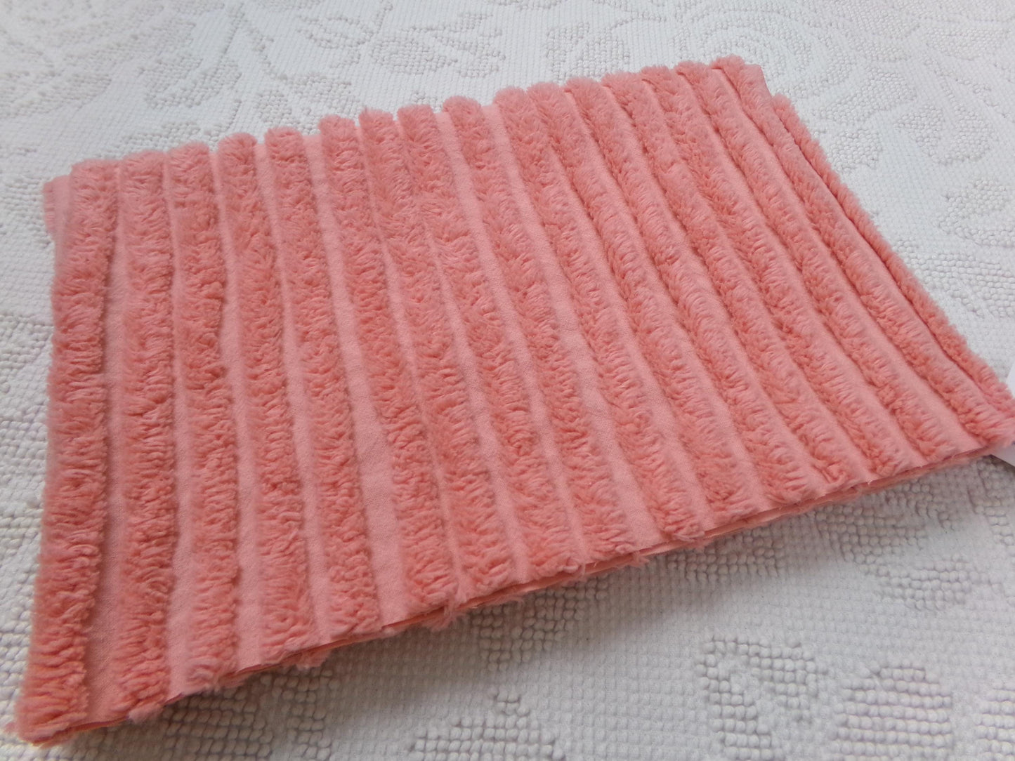 Melon Striped Vintage Chenille Bedspread Fabric, Tufted Peach Stripes, 17" x 24"