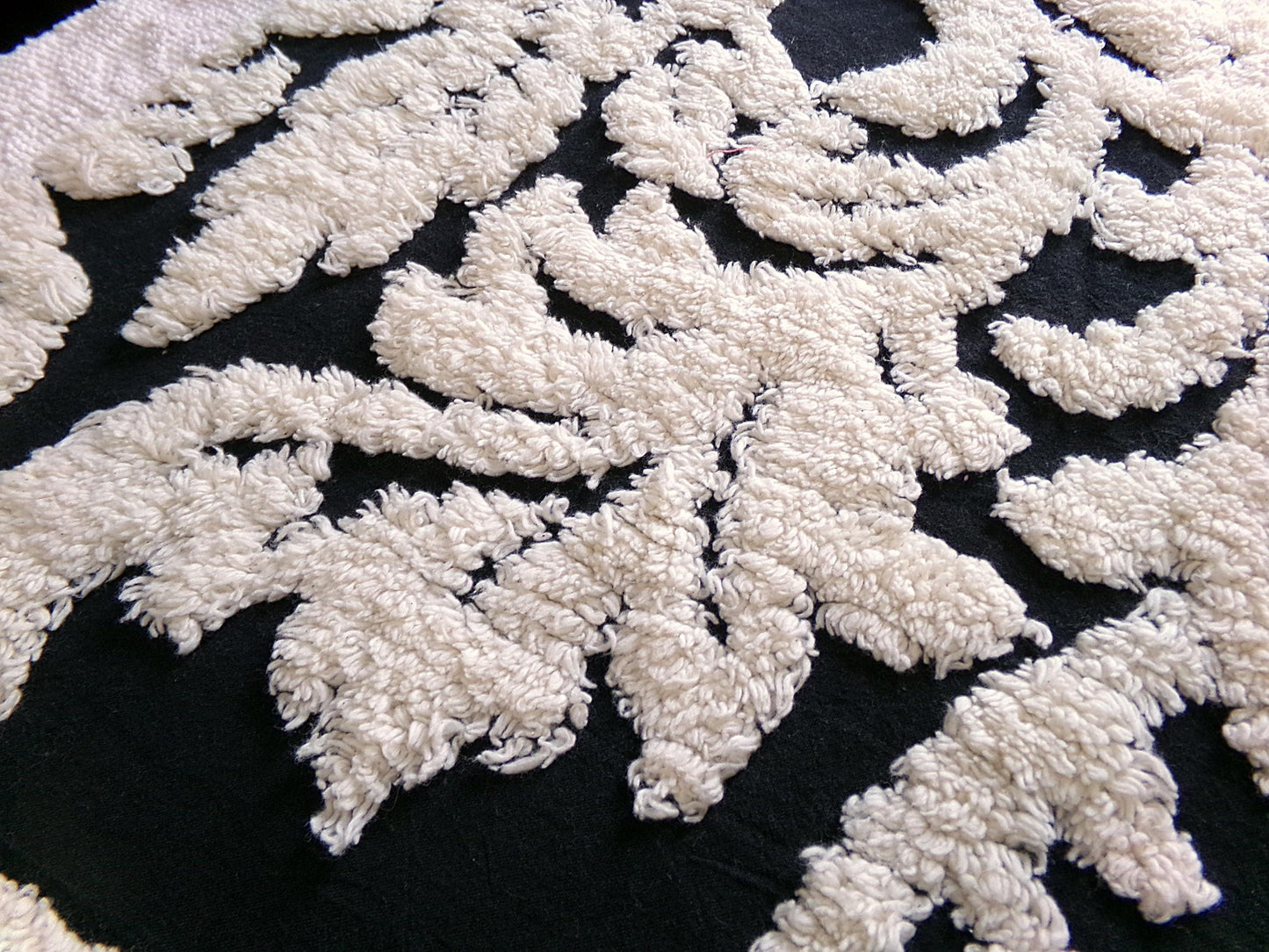 Gothic Black Cream Rose Vintage Chenille Fabric, 20" x 25" Inch Piece, Beautiful Material for Pillows