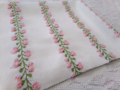 Vintage Rosebud Chenille Fabric, Pink Ivy Rose Design, 18" x 24" Piece of Lightweight Cotton Sewing & Quilting Material