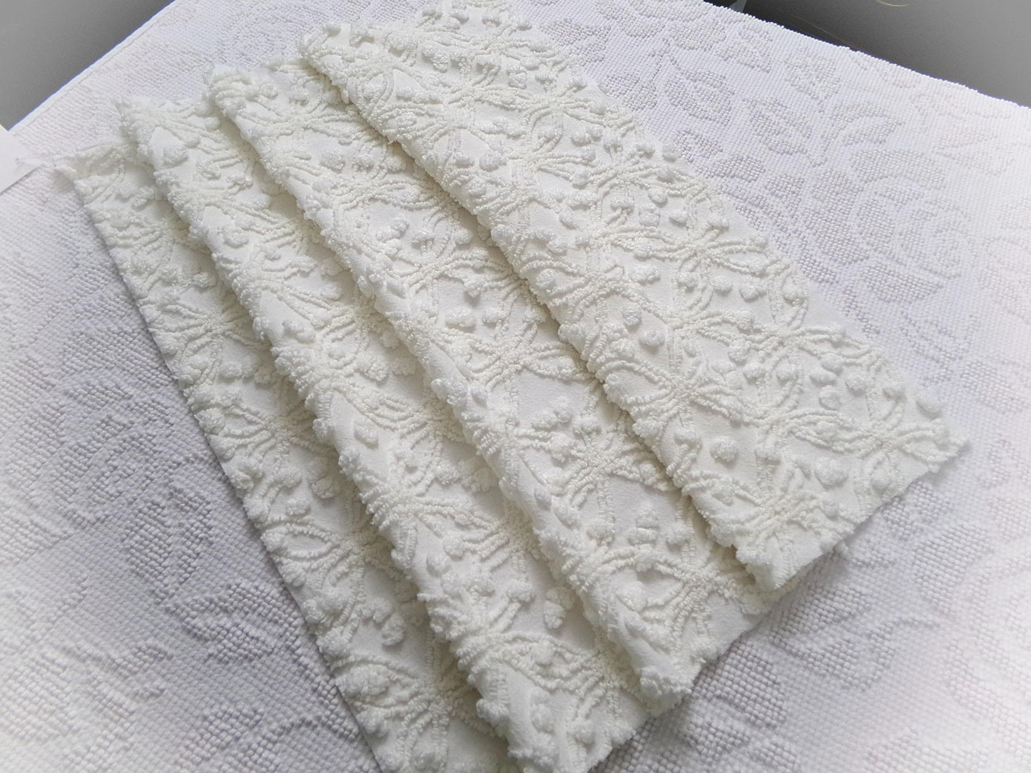 Winter White Snowflakes Vintage Chenille Fabric, neutral tufted pops sewing craft quilt material, 18" x 24" piece