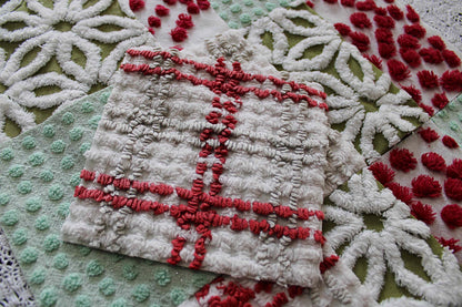 country Christmas chenille fabric squares, classic old-fashioned holiday red, green, white, set of 16 vintage quilt blocks 6" x 6" inch