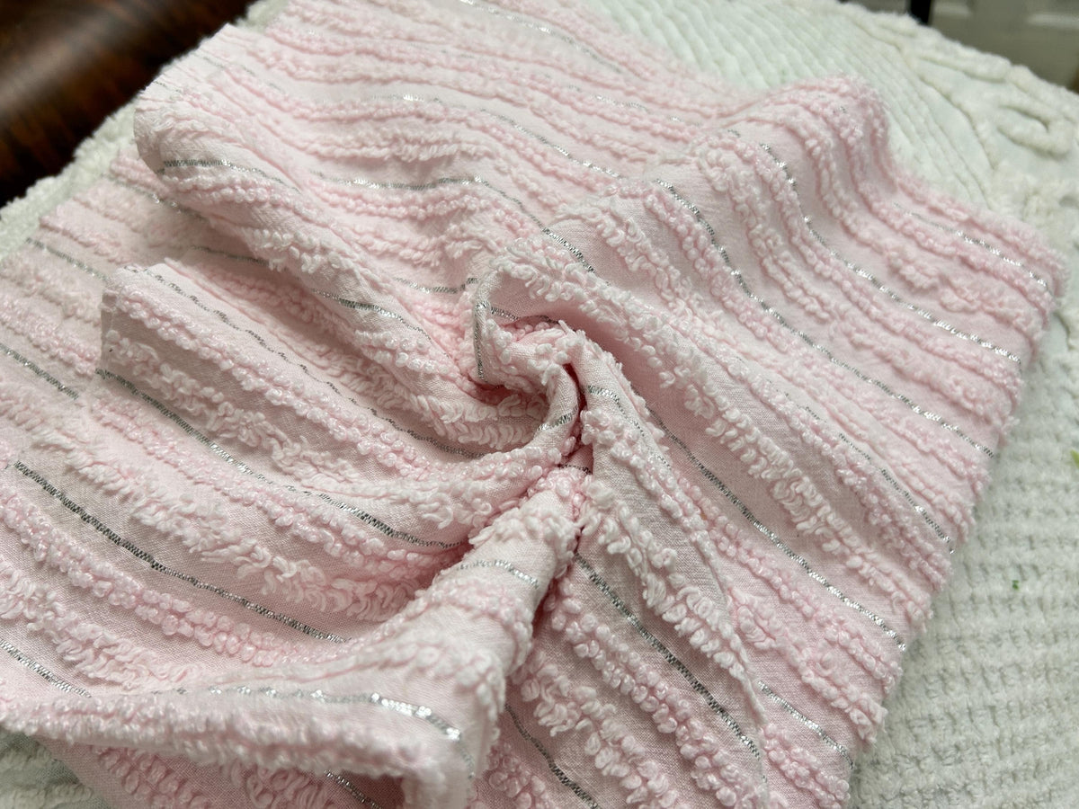 Light Pink Vintage Chenille Fabric, Silver Shimmer Stripes, 22x24"