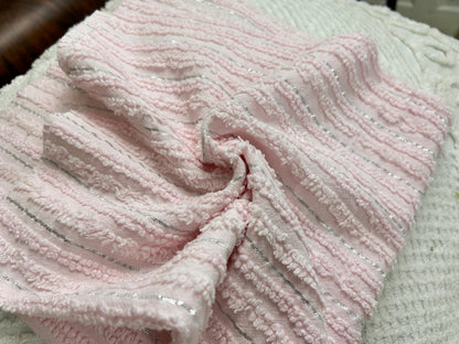 Light Pink Vintage Chenille Fabric, Silver Shimmer Stripes, 22x24"