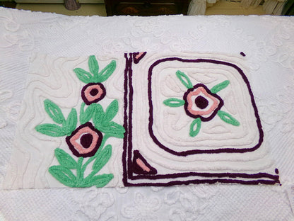Vintage Chenille Fabric, Shabby Berry Mauve Blooms 19" x 30" Piece Sewing Craft Material