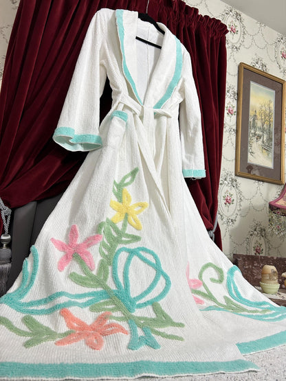 Vintage Chenille Robe White with Aqua Floral Tufting, Full Length Women’s S Bathrobe