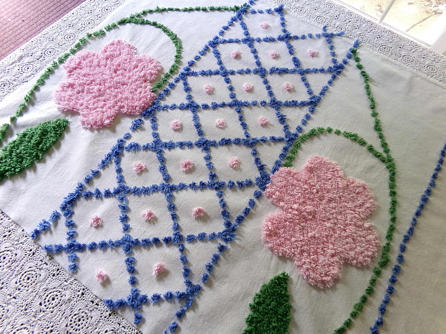 Jumbo Pink Flowers Vintage Chenille Material, 33" x 22" inch Fabric Piece, Blue Diamonds Tufts with Victorian Fringe Edge, Exquisite Design