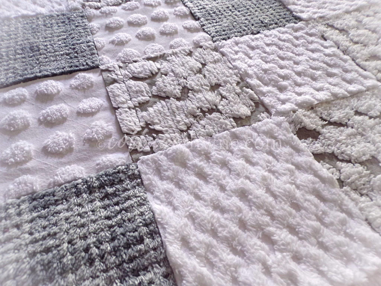 Gender Neutral Chenille Fabric Squares Set from Vintage Bedspread Fabrics, 16 Quilt Blocks, 6" inch, Modern Grey & White