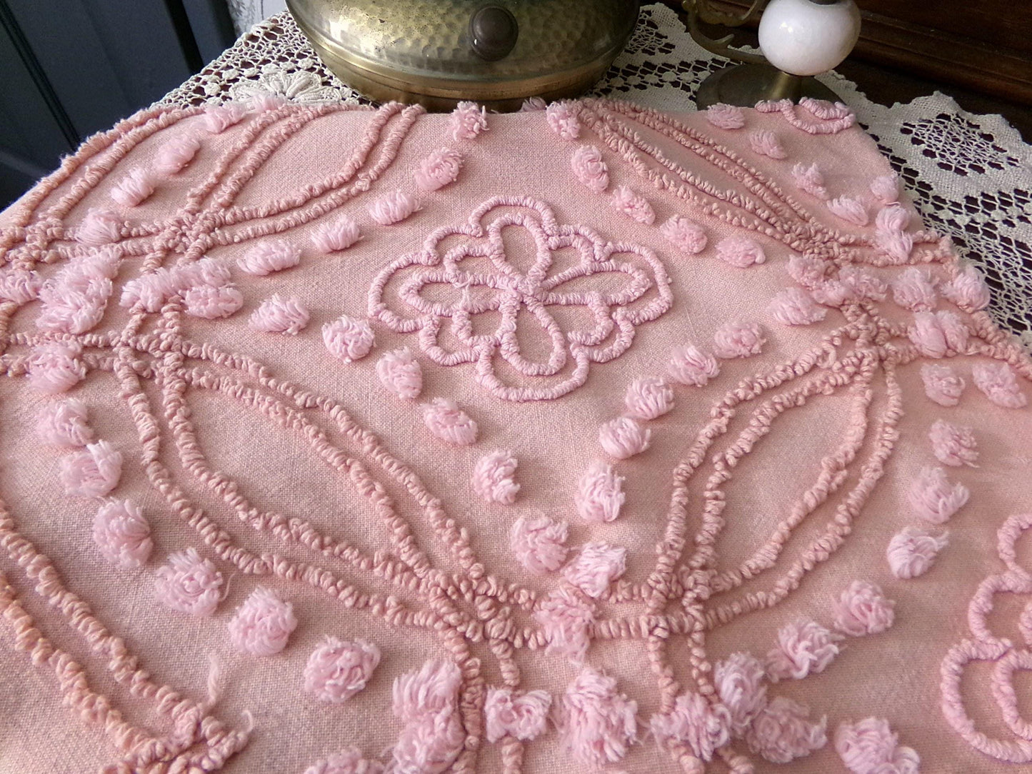 Shabby Cottage Style Vintage Chenille Fabric, geometric floral design, sewing craft quilt material 25" x 21" piece