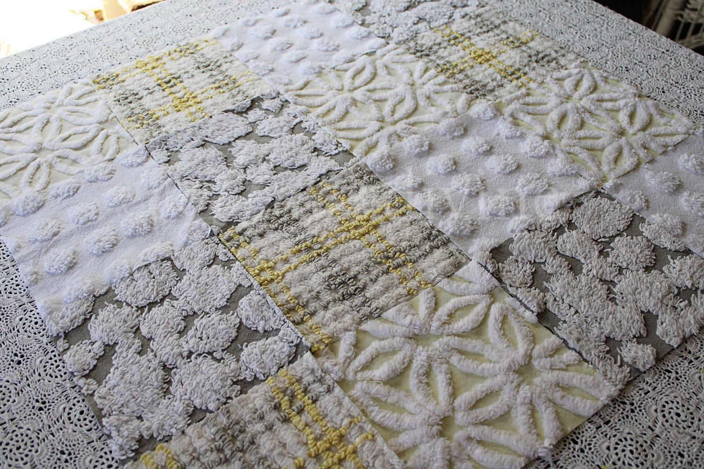 Sun & Clouds Vintage Chenille Fabric Squares, Set of 17 Rotary Cut 6" Quilt Blocks, Soft Yellow, White, Grey