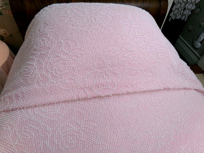 Vintage Twin Chenille Bedspread | Pink White Hobnail Rose Pattern with Fringe | Shabby Chic Woven Cotton Bedding