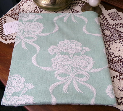 Shabby Woven Vintage Fabric Piece | Creamy White Carnation Flowers on Mint Green, 20" x 24"