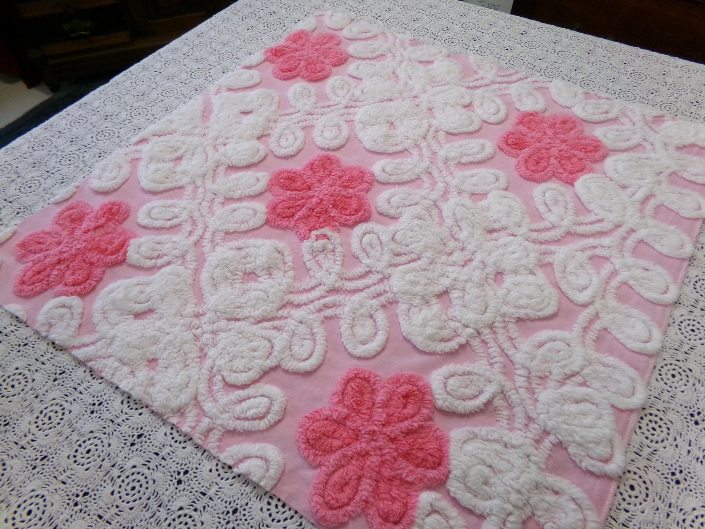Strawberry Pink Vintage Chenille Fabric Whimsical Floral Sewing Material 21" x 21"