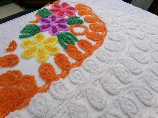 orange & white vintage chenille bedspread fabric, abstract swirl floral design, 25" x 23"
