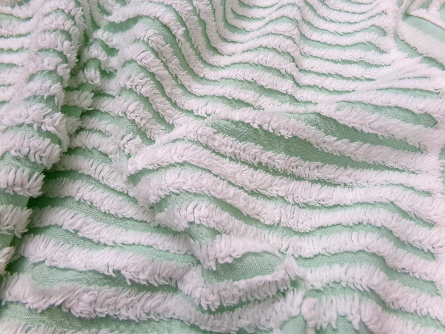 Vintage Chenille Bedspread Fabric, White Multidirectional Stripe Mint Green 18x24"