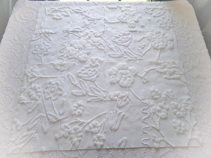 Vintage Chenille Fabric Squares in Rose Lily White Florals from Vintage Bedspread Fabric, Set of 16 Quilt Blocks, 6" x 6" inch