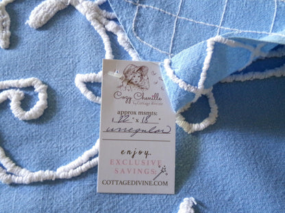 shabby chic pink rose vintage chenille fabric, pretty blue background, dainty white scrollwork, 18" x 22" piece of sewing material