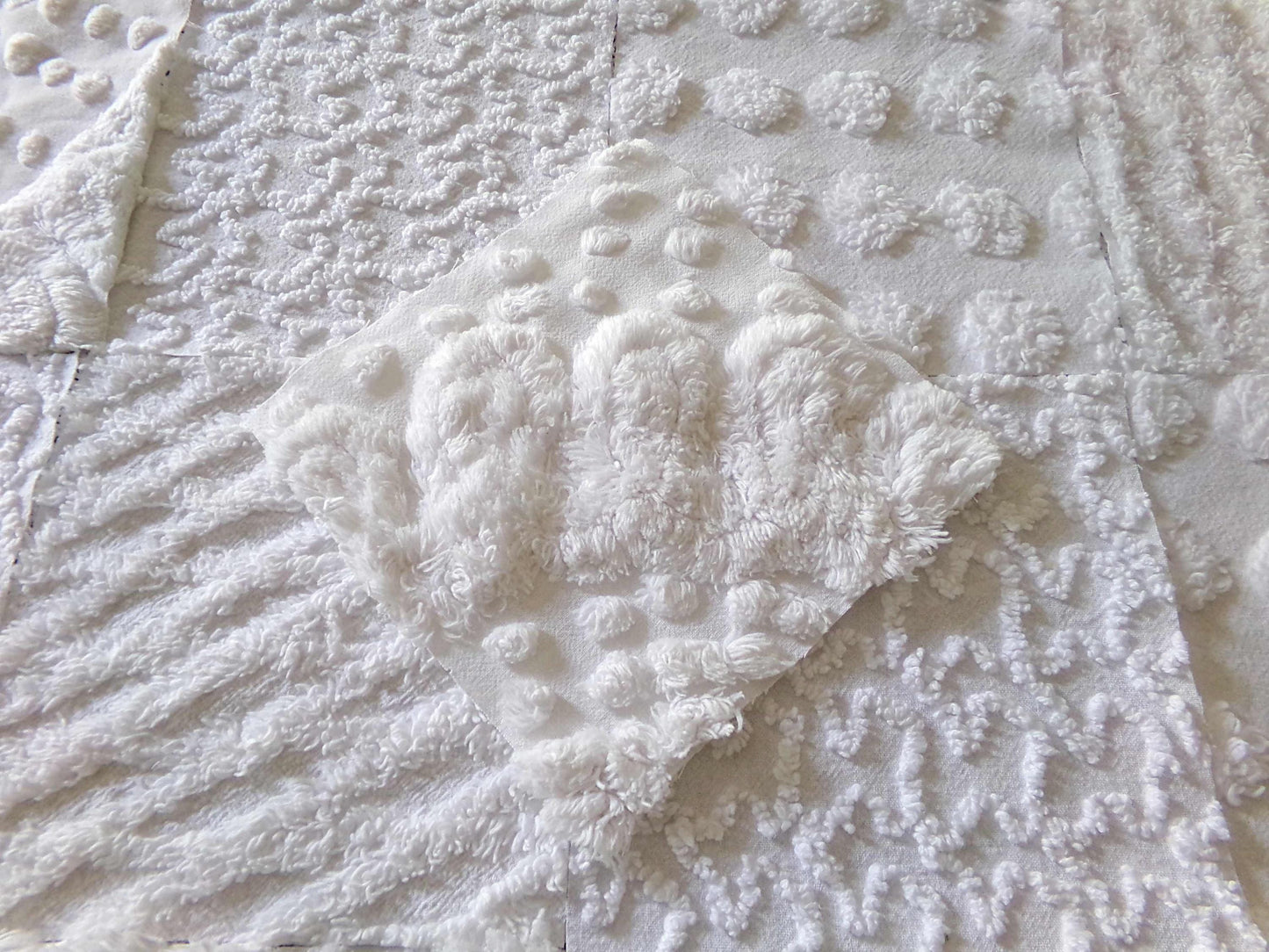 snow bunny vintage chenille fabric squares, 16 vintage white 6" quilt blocks w/ pops, squiggles, diamond lattice & swirls