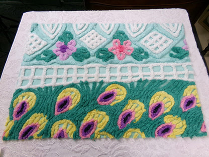 vintage seafoam chenille bedspread fabric, plush peacock feathers & tropical florals, 19" x 26" piece