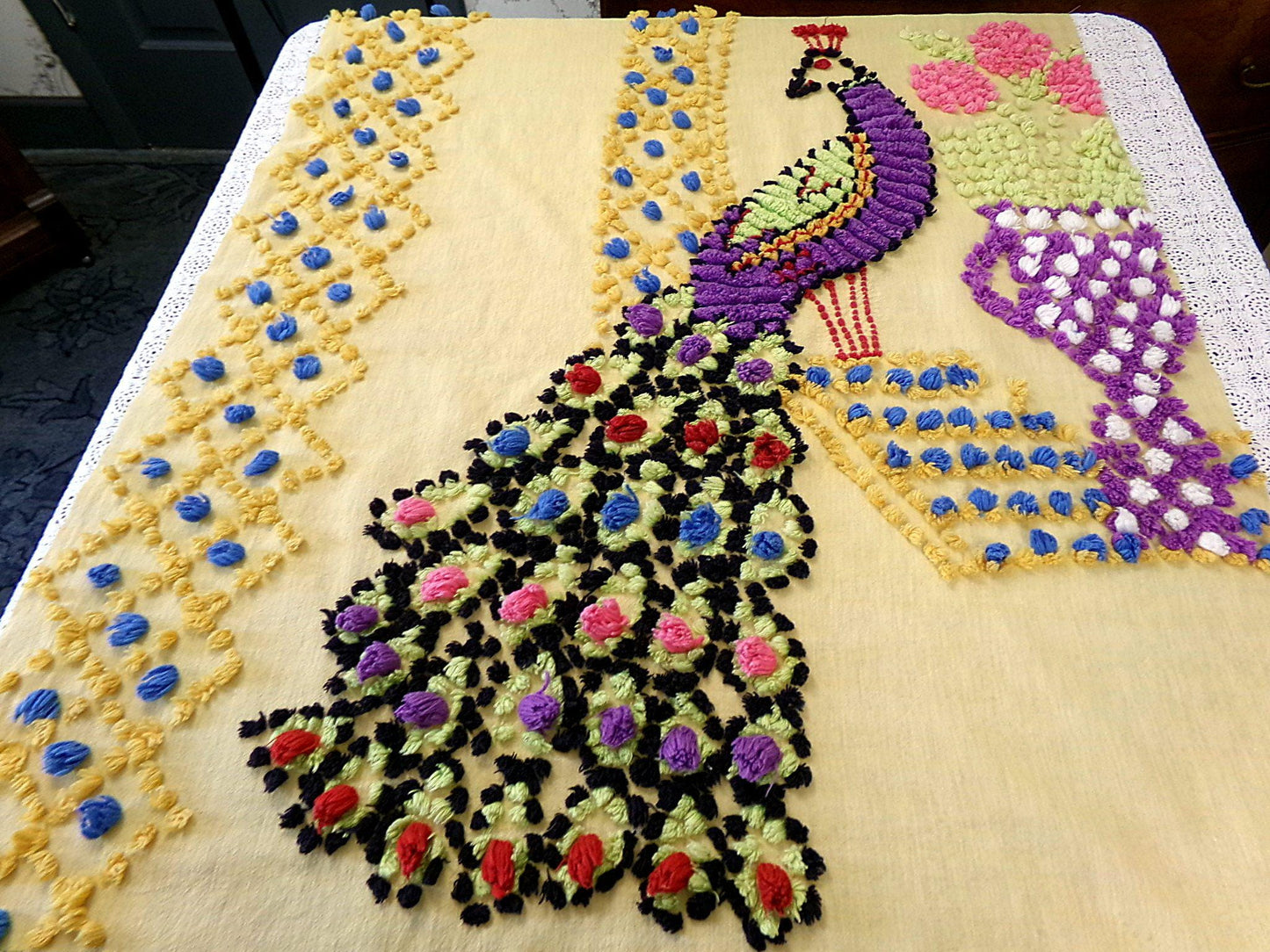 Antique Peacock Vintage Chenille Fabric Panel 44 x 28" Boho