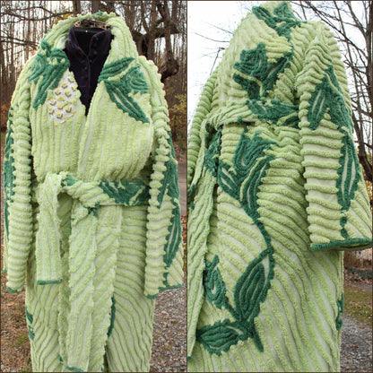 plant lady beautiful chenille robe, shabby upcycled women's bathrobe from tulip floral vintage chenille bedspread fabrics, in size L/XL