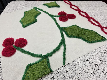 Holiday Vintage Chenille Fabric, Winter Holly Berry 22x20" Craft Piece