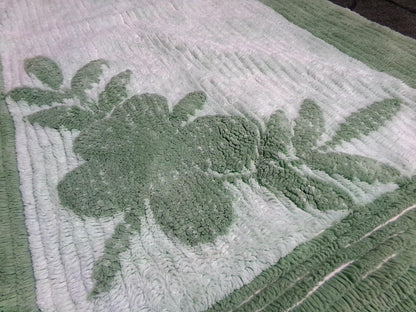Vintage Green Chenille Rug, Shabby Botanical Leaf Cotton Accent Mat 21.5" x 39.5"