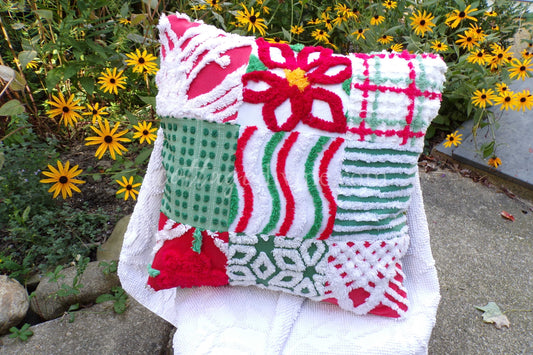 Christmas Patchwork Chenille Pillow Cover 16" x 16" inch Square, REVERSIBLE Accent Pillow Designed from Vintage Chenille Bedspread Fabric