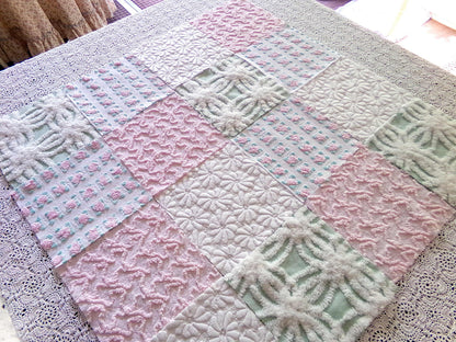 Chenille Squares Set, "Summer Bliss," 16 Vintage Fabric Quilt Blocks, 6" inch in White Daisy, Pink Rosebud, Mint Green, Squiggles