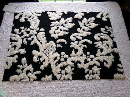 sophisticated black vintage style chenille fabric, cream gothic design, 25" x 18" cut piece of sewing & quilt material