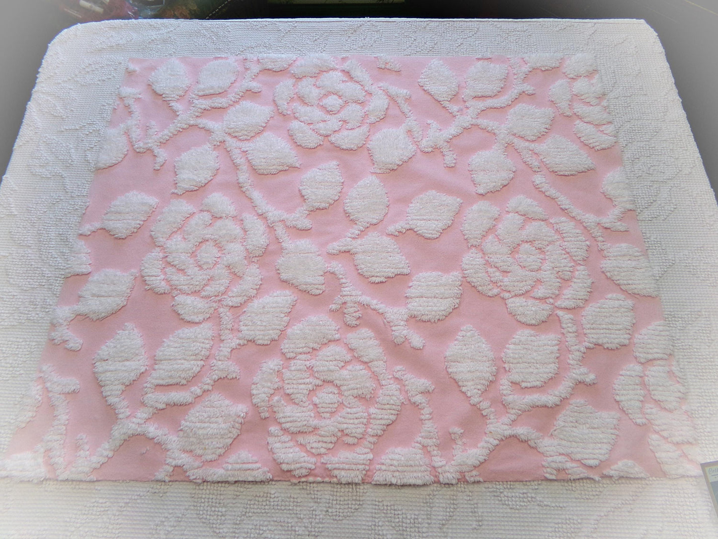 sculpted rose pink vintage chenille fabric, stylized roses cottage chic sewing material, 24" x 20" piece
