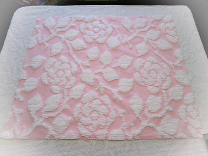 sculpted rose pink vintage chenille fabric, stylized roses cottage chic sewing material, 24" x 20" piece