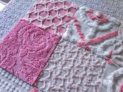 cottage pink & white chenille fabric squares, 16 pretty vintage 6" quilt blocks in girly colors, daisies, dots, squiggle textures