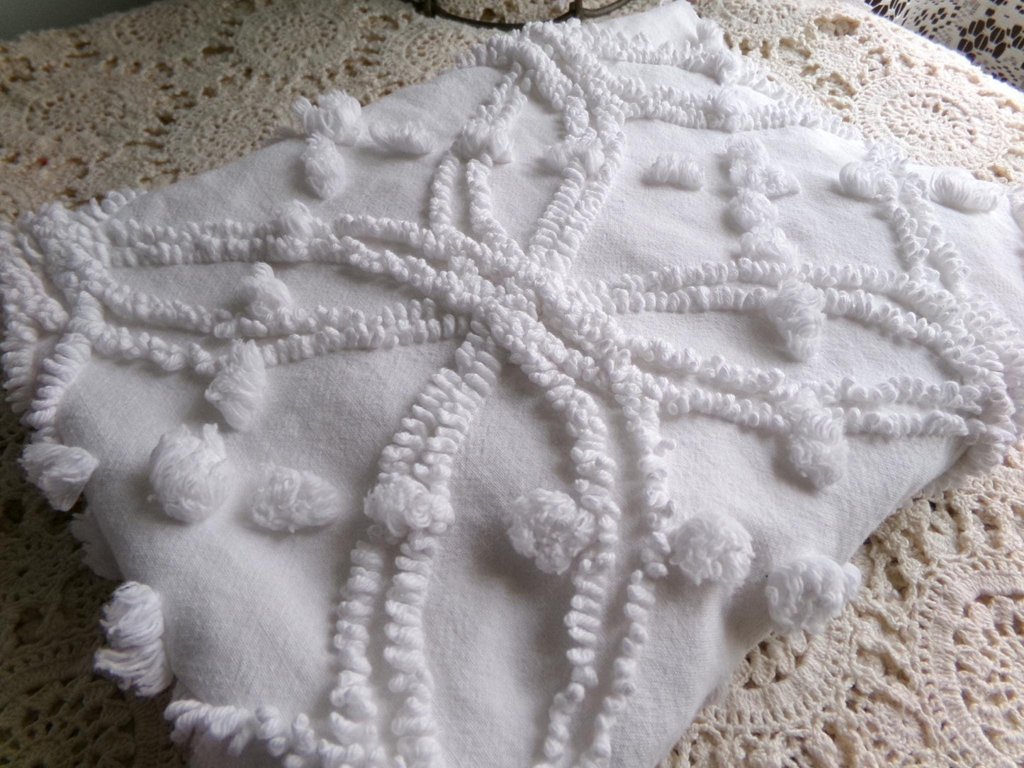 timeless white vintage chenille fabric, classic wedding ring & pop design, 18" x 24" piece of sewing, craft, quilt material
