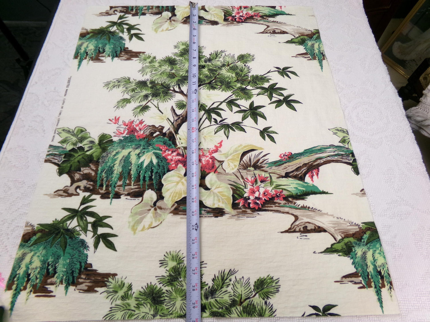 Polynesian Paradise Vintage Barkcloth Fabric Panel Shabby Tropical Garden Fantasy 23" x 28"