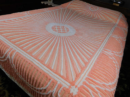 Spectacular STARBURST Peach SUN RAYS Vintage Chenille Bedspread, 100% Plush Cotton, Full Size