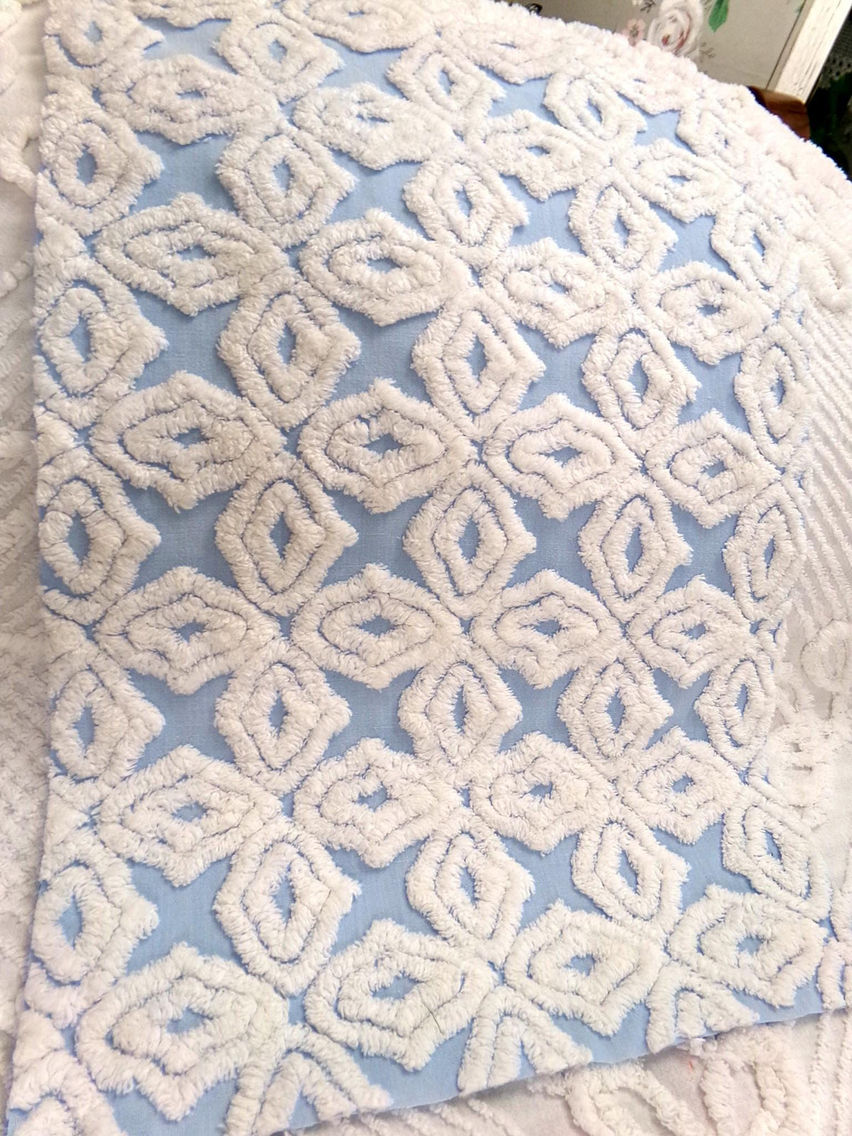 Blue & White Vintage Chenille Fabric, Plush Diamond Cross Design, 18x24" Piece